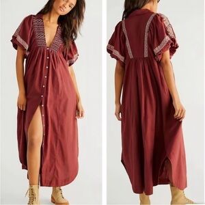Free People Samantha Embroidered Puff Sleeve Button Front Maxi Dress Medium